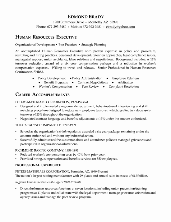 Human Resources Resume Template Best Of Hr Executive Resume Example