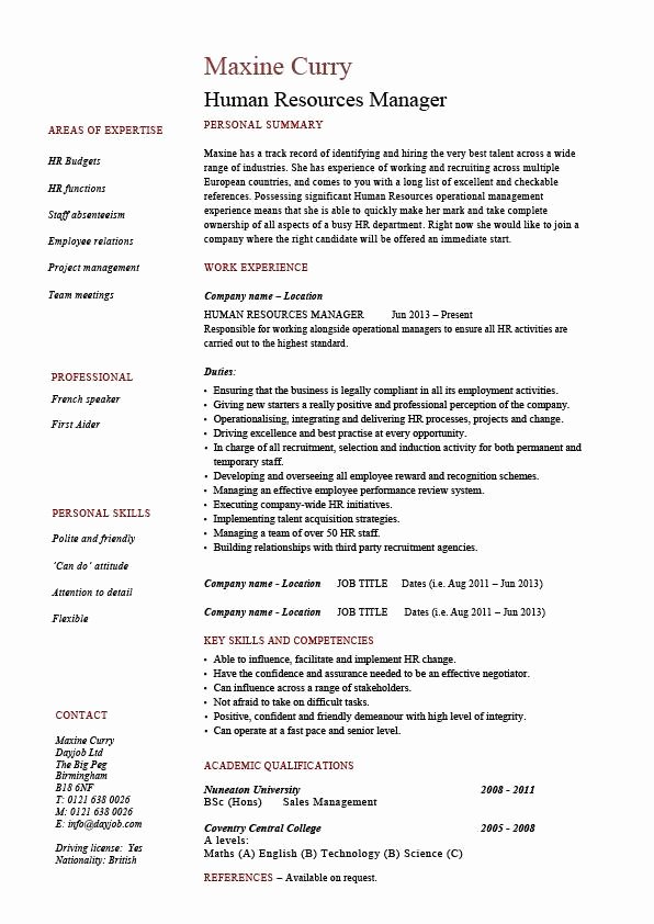 Human Resources Resume Template Best Of Human Resources Manager Resume Job Description Template