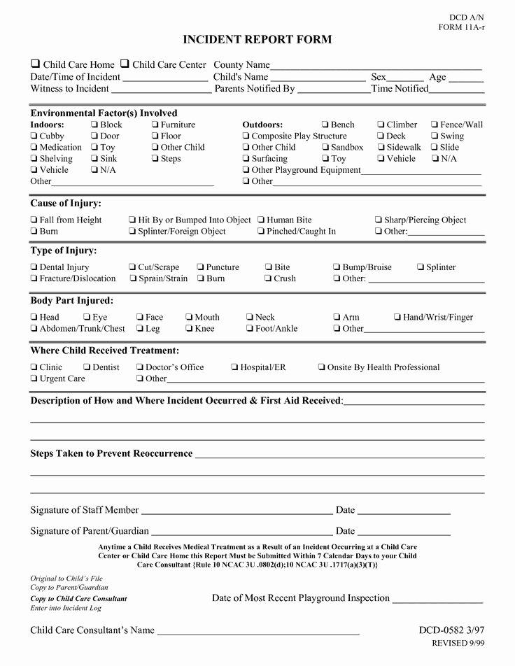 Incident Report form Template Lovely Daycare Accident Report form