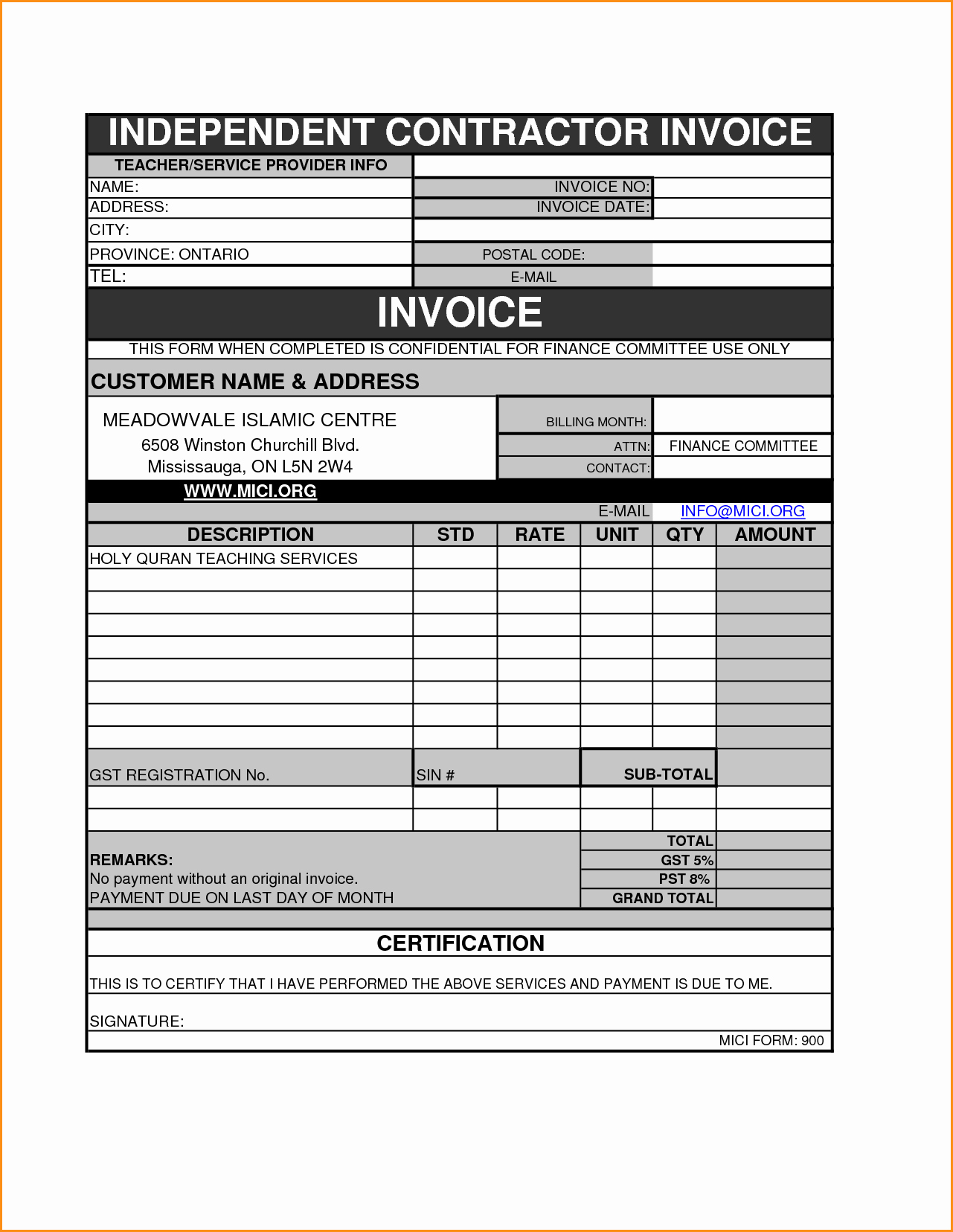 Independent Contractor Invoice Template Canada