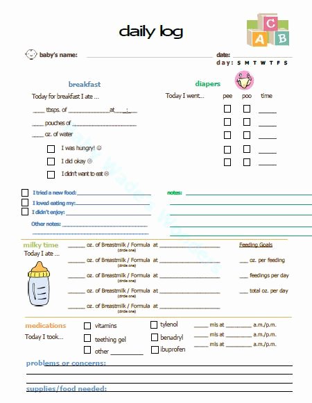 Infant Daily Report Template Inspirational Baby Log Breakfast Only Version Downloadable Printable