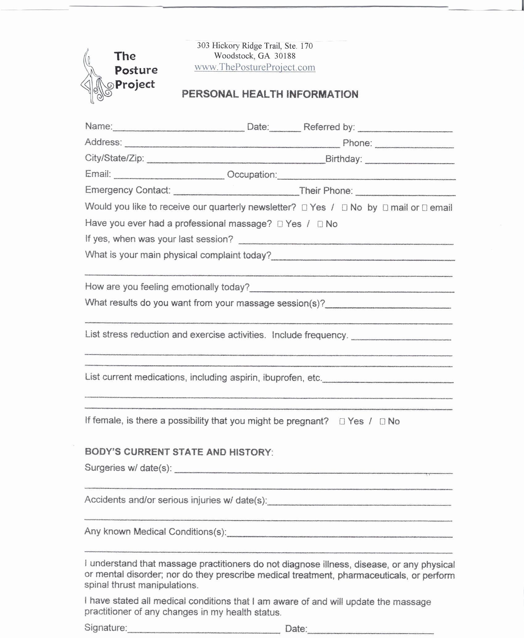 Intake form Template Word Fresh Massage therapy Client Intake form Size Intake