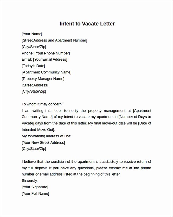 Intent to Vacate Template Luxury Intent to Vacate Letter