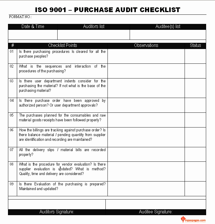 Internal Audit Checklist Template Elegant iso 9001 Purchase Audit Checklist Quality Inspection