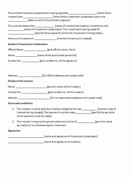 Investment Agreement Template Doc Fresh Investment Contract Template