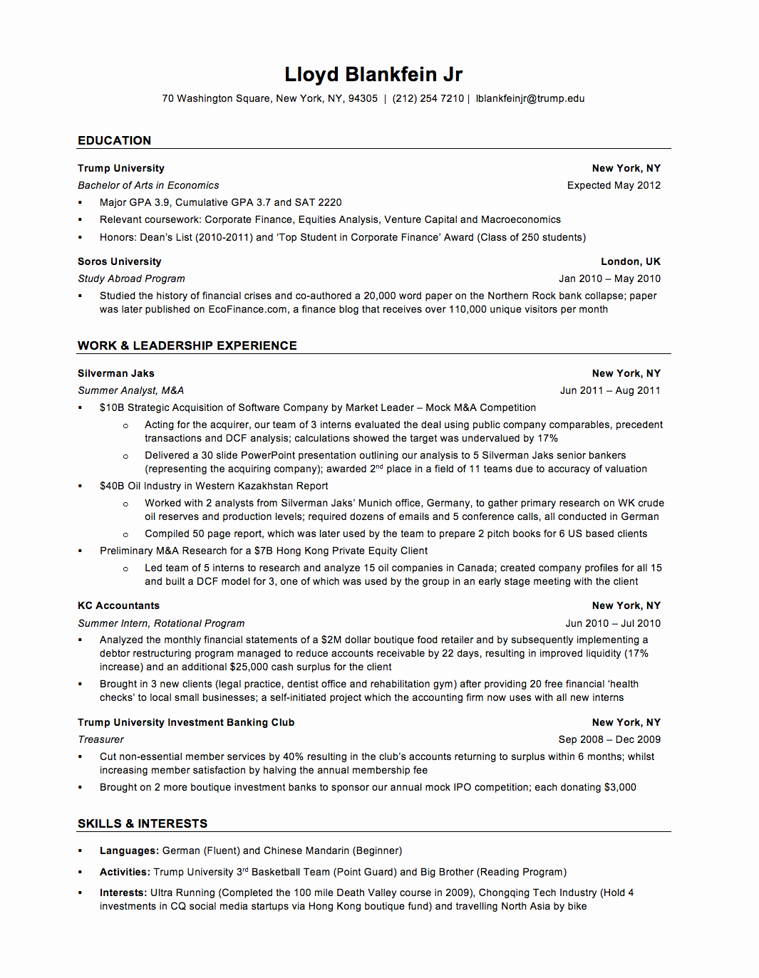 Investment Banking Resume Template Awesome A Sample Investment Banking Resume