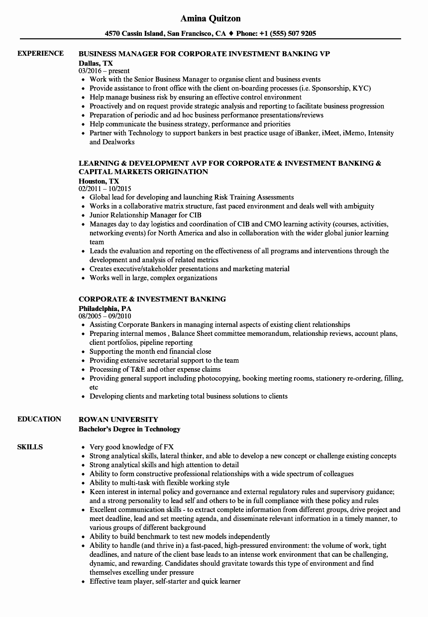 Investment Banking Resume Template Beautiful Corporate &amp; Investment Banking Resume Samples