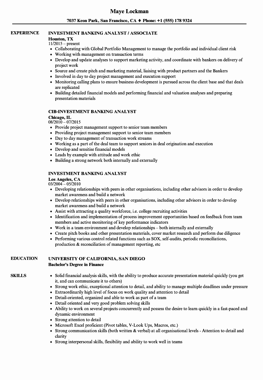 Investment Banking Resume Template Fresh Investment Banking Analyst Resume Samples