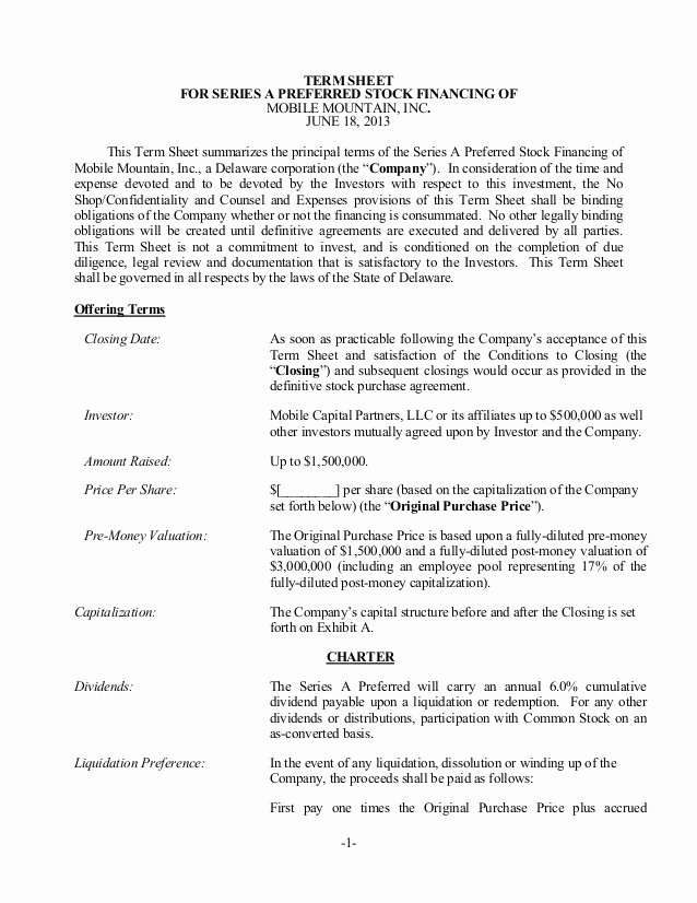 Investment Term Sheet Template Awesome Sample Term Sheet