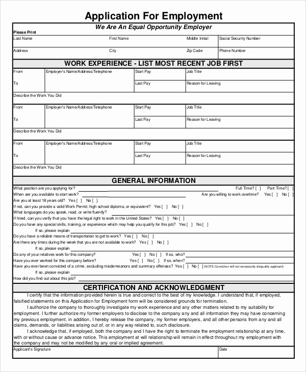 Job Application Template Doc Inspirational Sample Employment Application form 8 Examples In Word Pdf