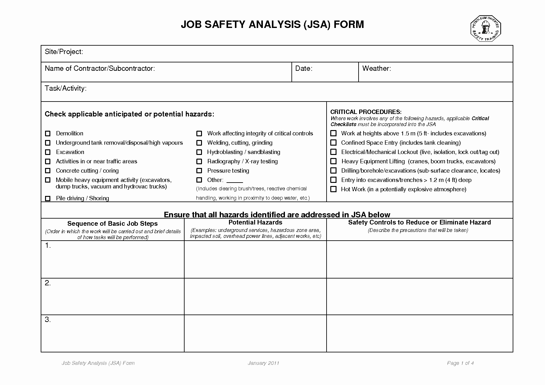 Job Hazard Analysis Template Elegant Job Safety Analysis forms Job Safety Analysis form