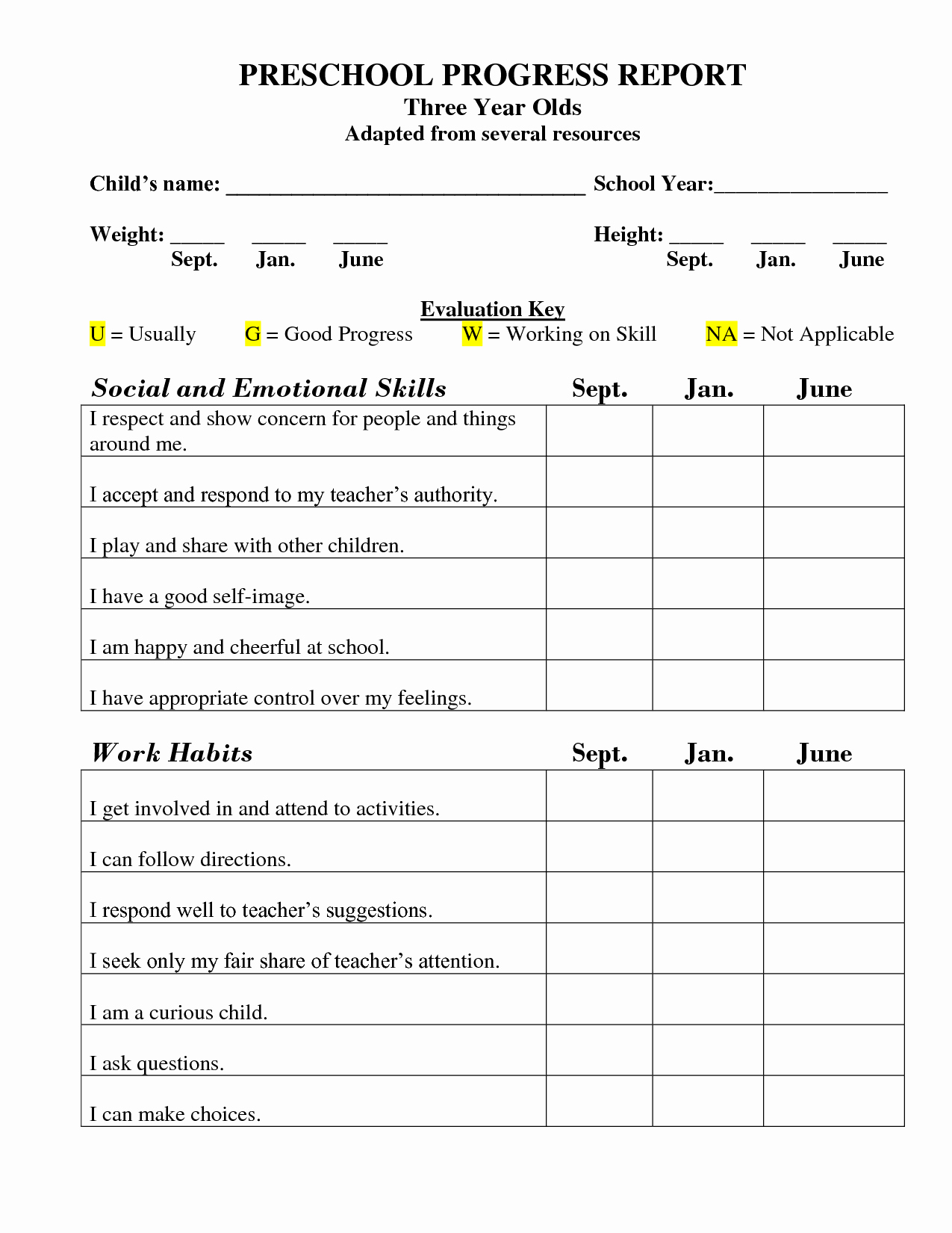 Kindergarten Report Card Template New Best S Of Printable Progress Report Cards Preschool