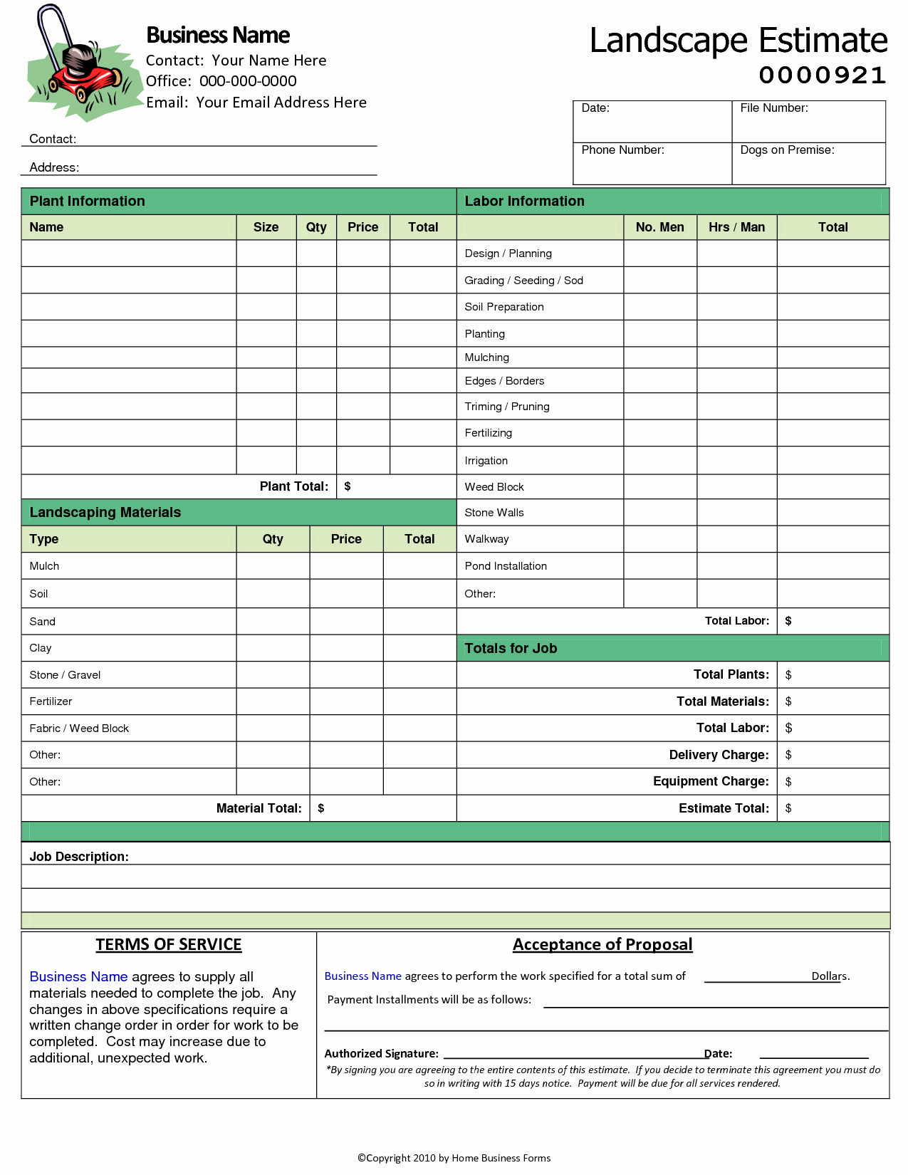 Landscaping Estimate Template Free Luxury 8 Best Of Printable Landscape Estimate forms Lawn