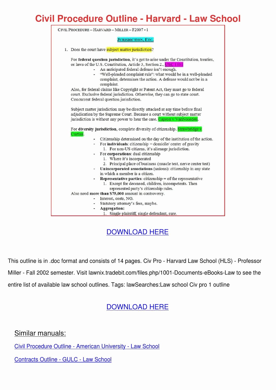 Law School Outline Template Lovely Civil Procedure Outline Harvard Law School by Nicolle