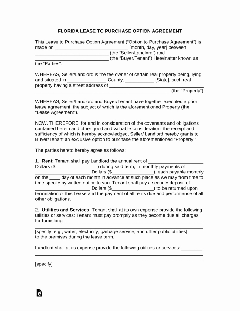 Lease Purchase Agreement Template Awesome Free Florida Lease to Own Option to Purchase Agreement