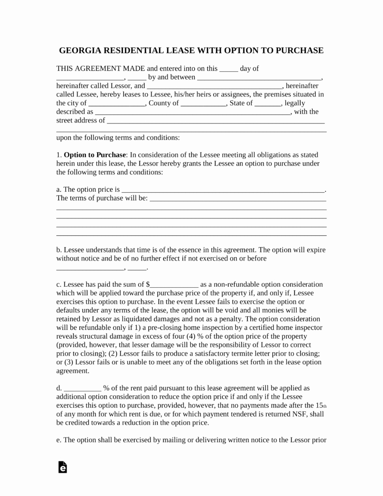 Lease Purchase Agreement Template Lovely Free Georgia Residential Lease to Own Option to Purchase