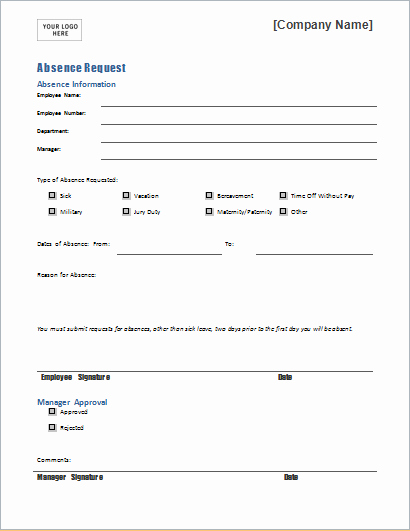 Leave Request form Template New Employee Absence Request form Template for Word