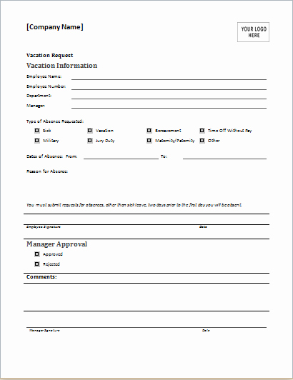Leave Request form Template New Employee Vacation Request form for Ms Word