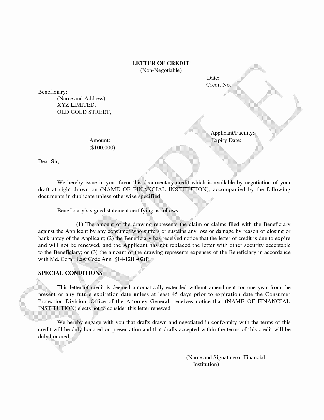 Letter Of Credit Template Luxury Example Letter Credit