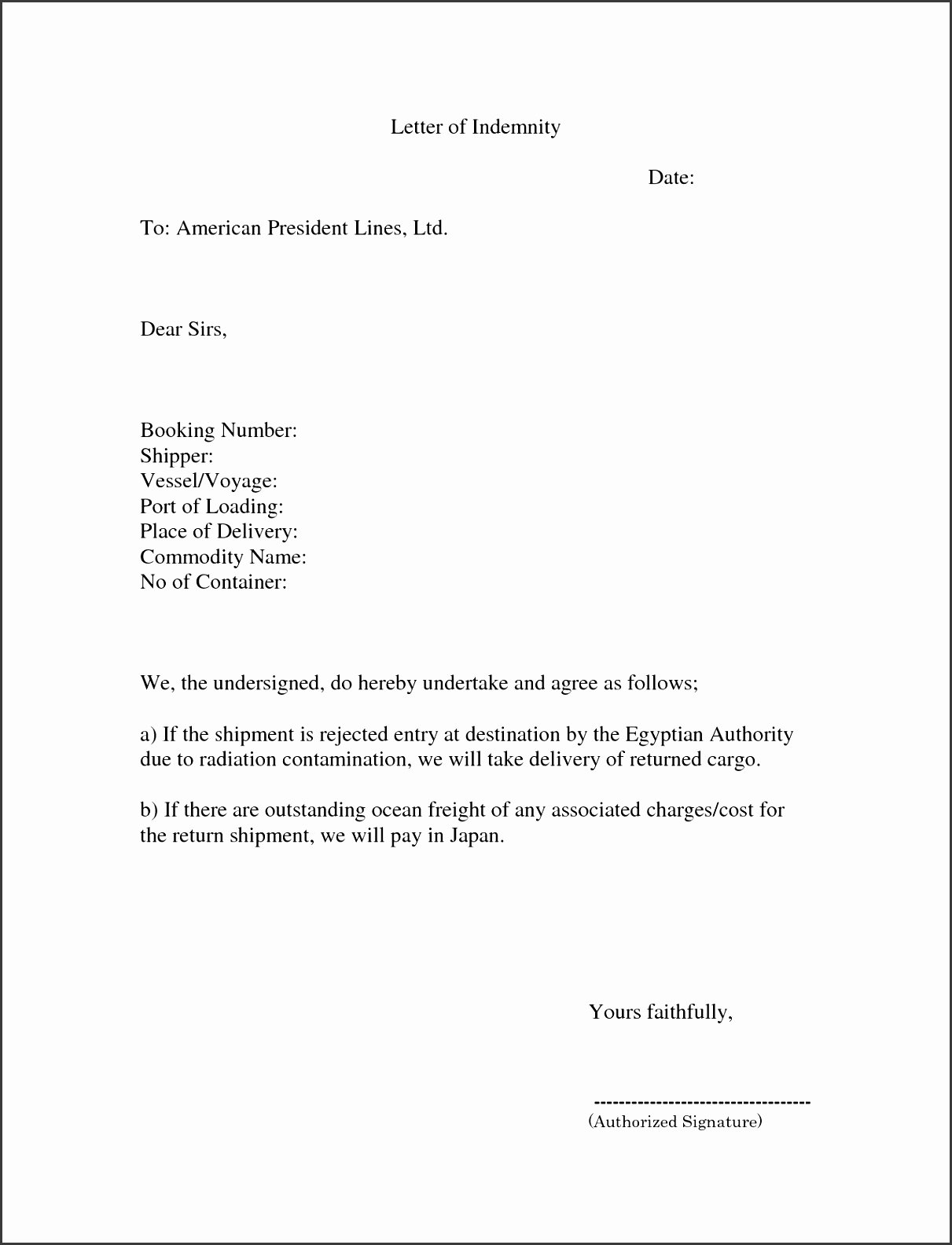 letter of indemnity template
