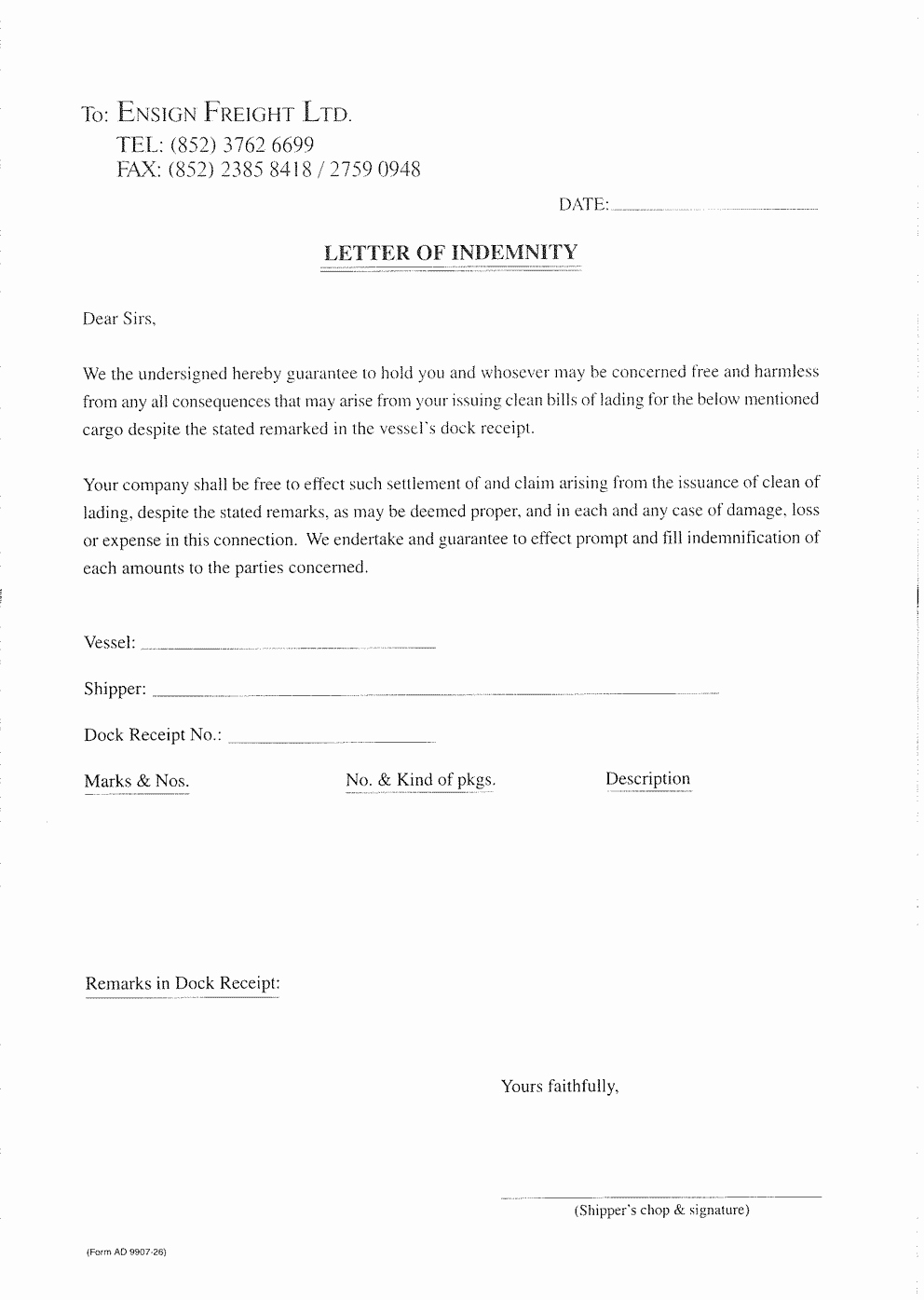 Letter Of Indemnification Template Unique forms Ensign Freight One Pany total Service and