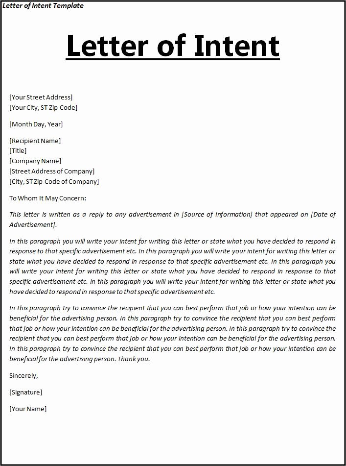 Letter Of Understanding Template Lovely Letter Of Intent Template