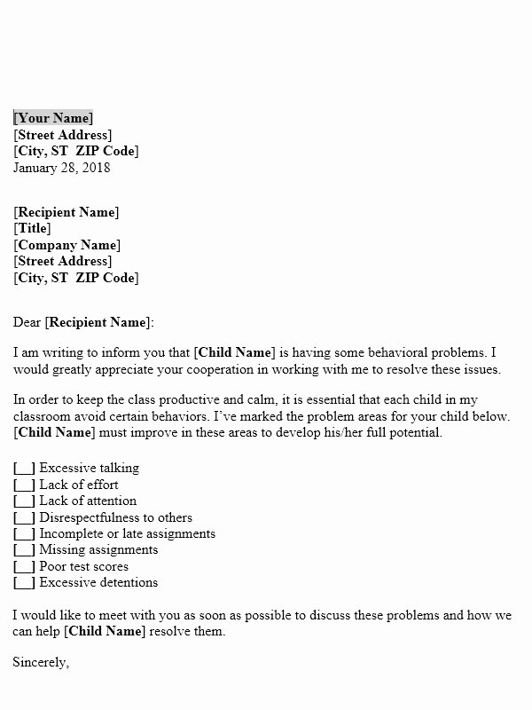 Letter to Parent Template Beautiful Letter to Parents About Student’s Behaviour In Classroom