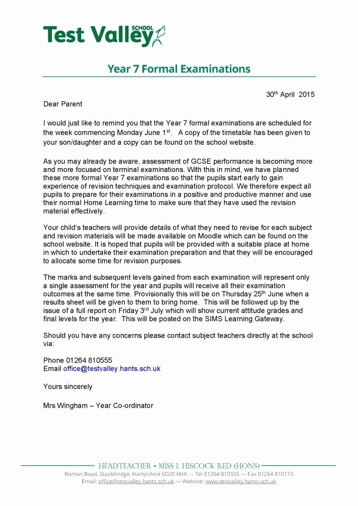 Letter to Parent Template Lovely Test Valley School — Year 7 formal Examinations