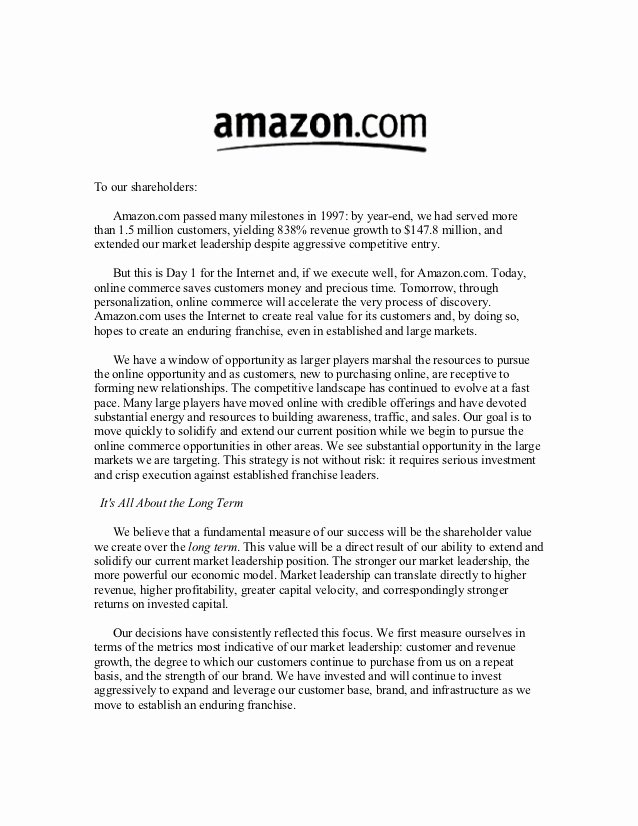 Letter to Shareholders Template Best Of Amazon Shareholder Letters 1997 2011