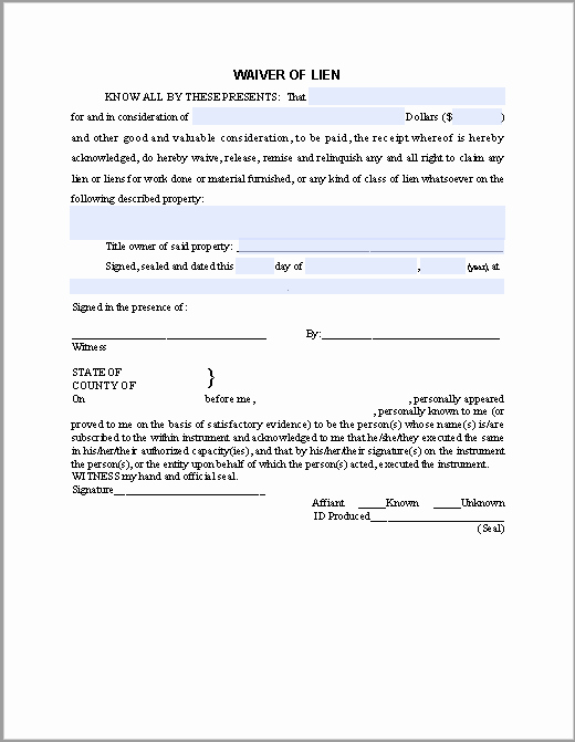 Lien Waiver form Template Beautiful Waiver Of Lien Certificate Template Free Fillable Pdf