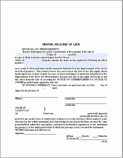 Lien Waiver form Template Elegant Partial Release Of Lien Certificate Template Free