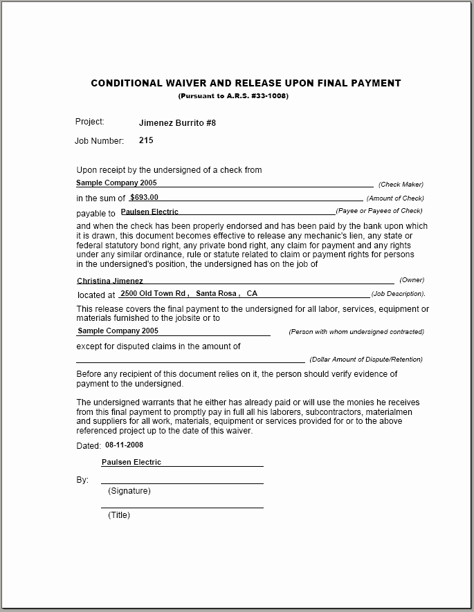 Lien Waiver form Template Inspirational Conditional Release forms