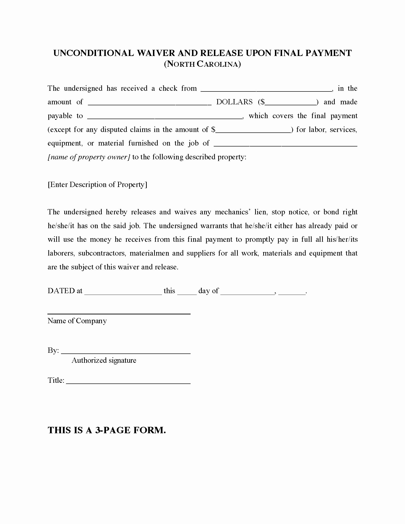 Lien Waiver form Template Unique north Carolina Unconditional Lien Waiver and Release On