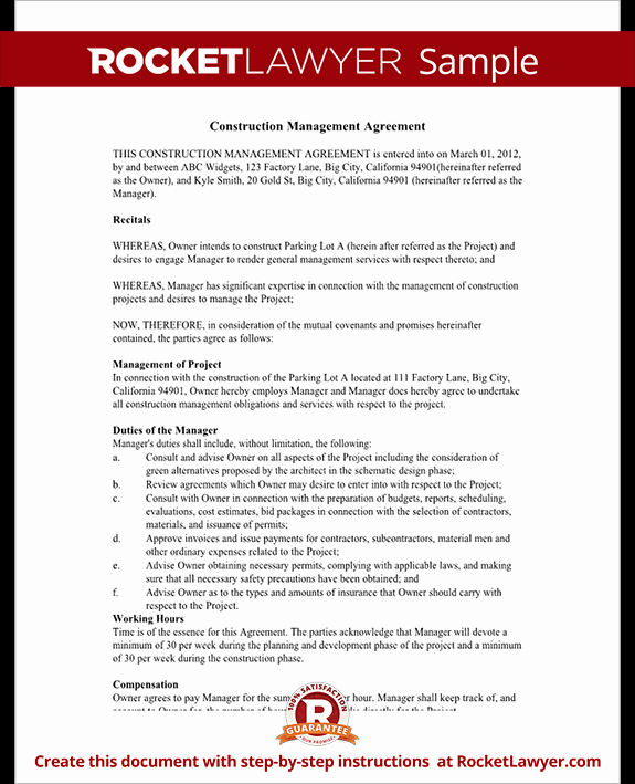 Managed Services Contract Template Unique Construction Management Agreement Contract form with Sample