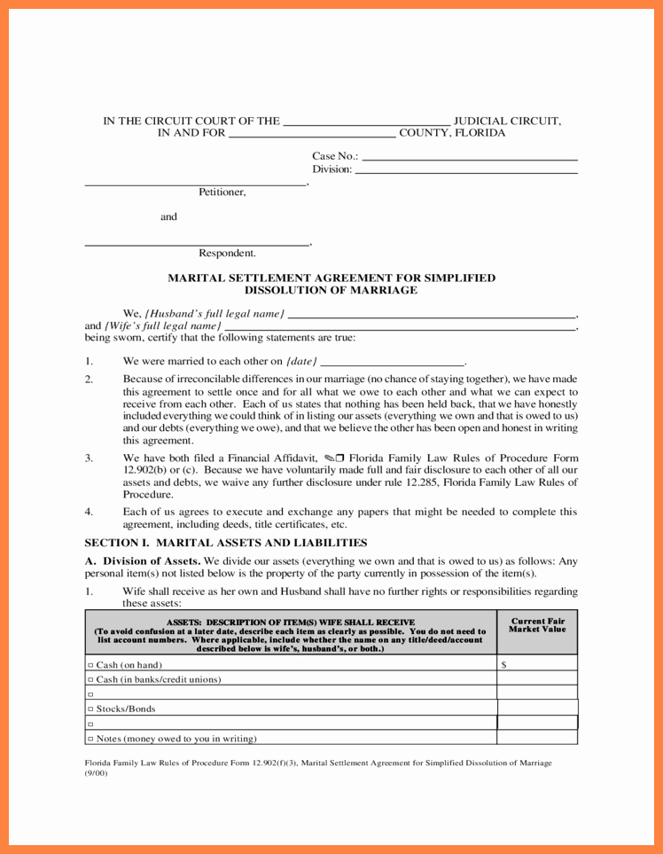 Marital Settlement Agreement Template New 5 Marital Settlement Agreement Florida