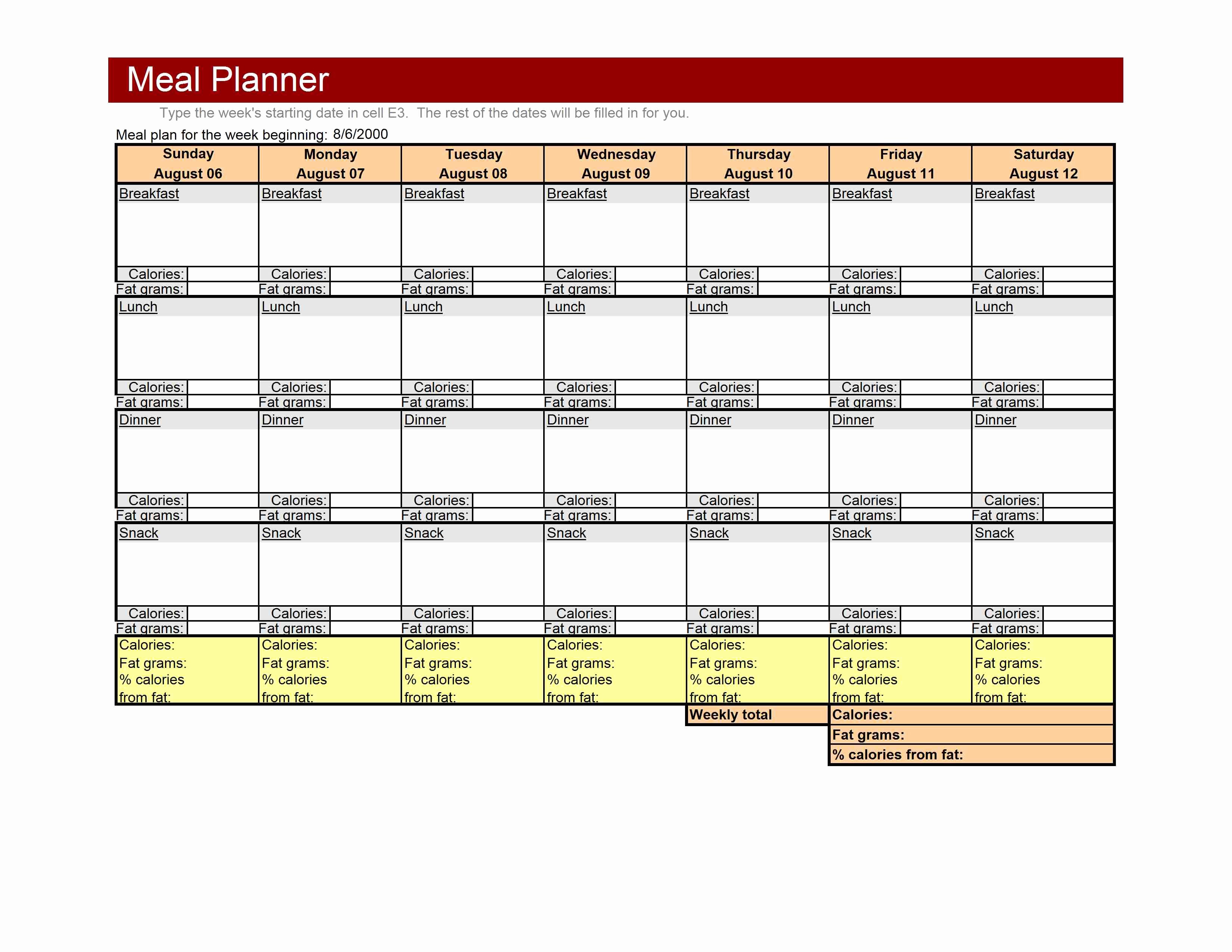 Meal Plan Template Excel Awesome 86 Weekly Meal Planner 1024x791 Weekly Meal Planner