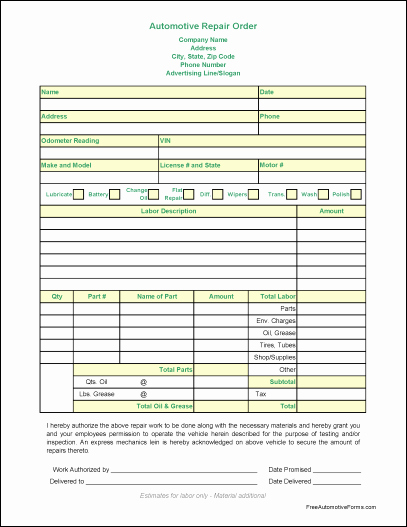 Mechanic Work order Template New Auto Repair orders forms