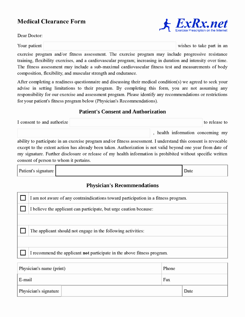 Medical Clearance Letter Template Unique form A Letter Exrxnet Medical Clearance Physians