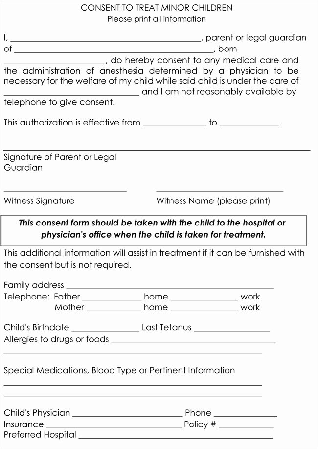Medical Consent form Template Best Of Medical Treatment Consent form Template Minor Templates