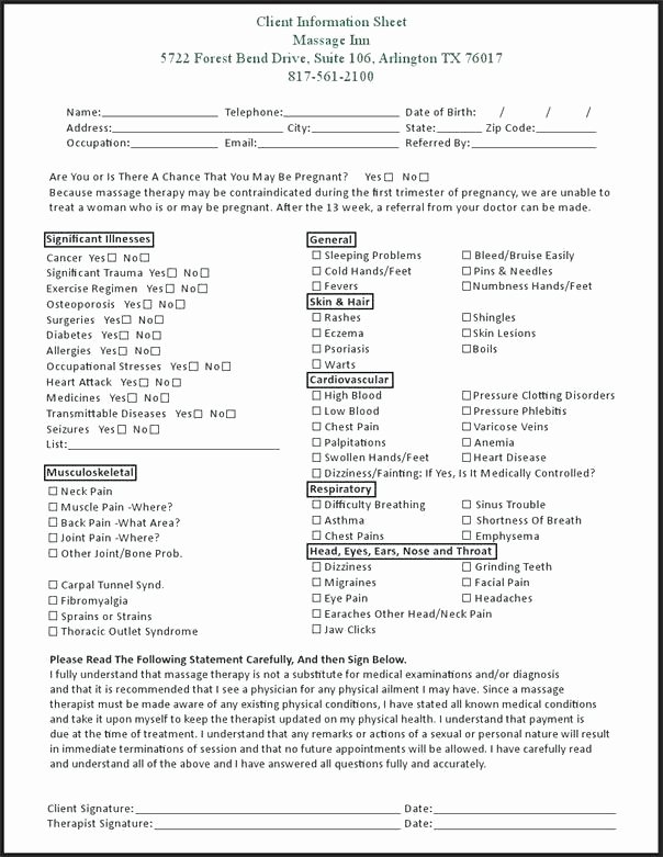 Medical Intake form Template Awesome Massage therapy Intake forms Templates the Invoice and