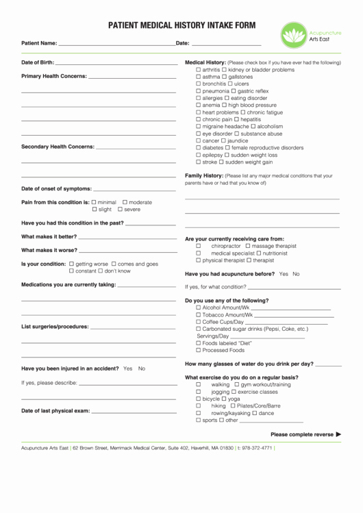 Medical Intake form Template Awesome Patient Medical History Intake form Printable Pdf