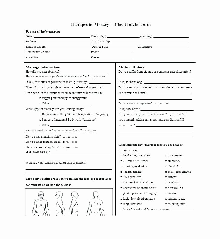Medical Intake form Template New Client Information Sheet Printable Massage Intake form