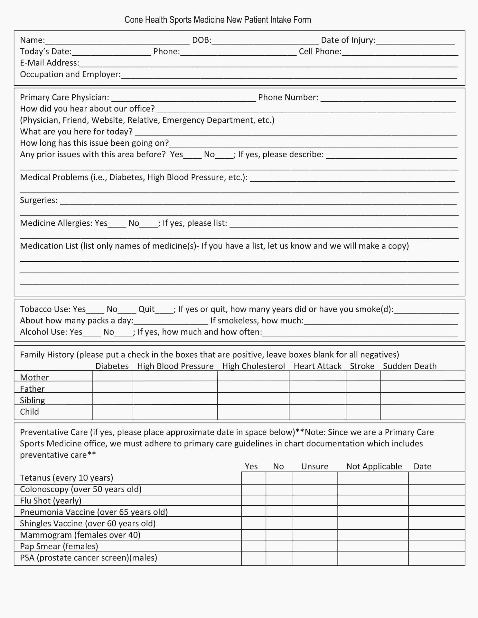 Medical Intake form Template Unique the History Free New Patient