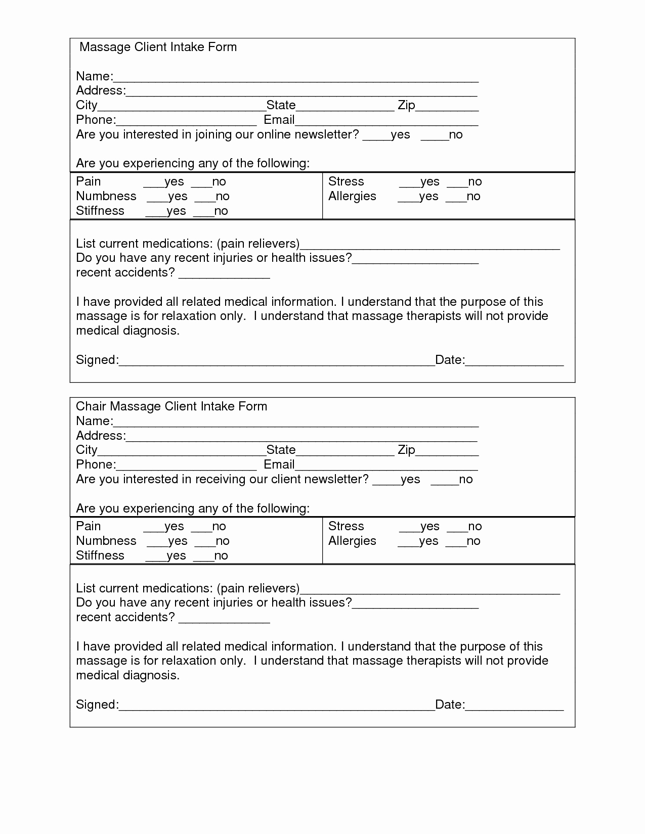 Medical Intake forms Template Awesome Massage Client Intake form Template