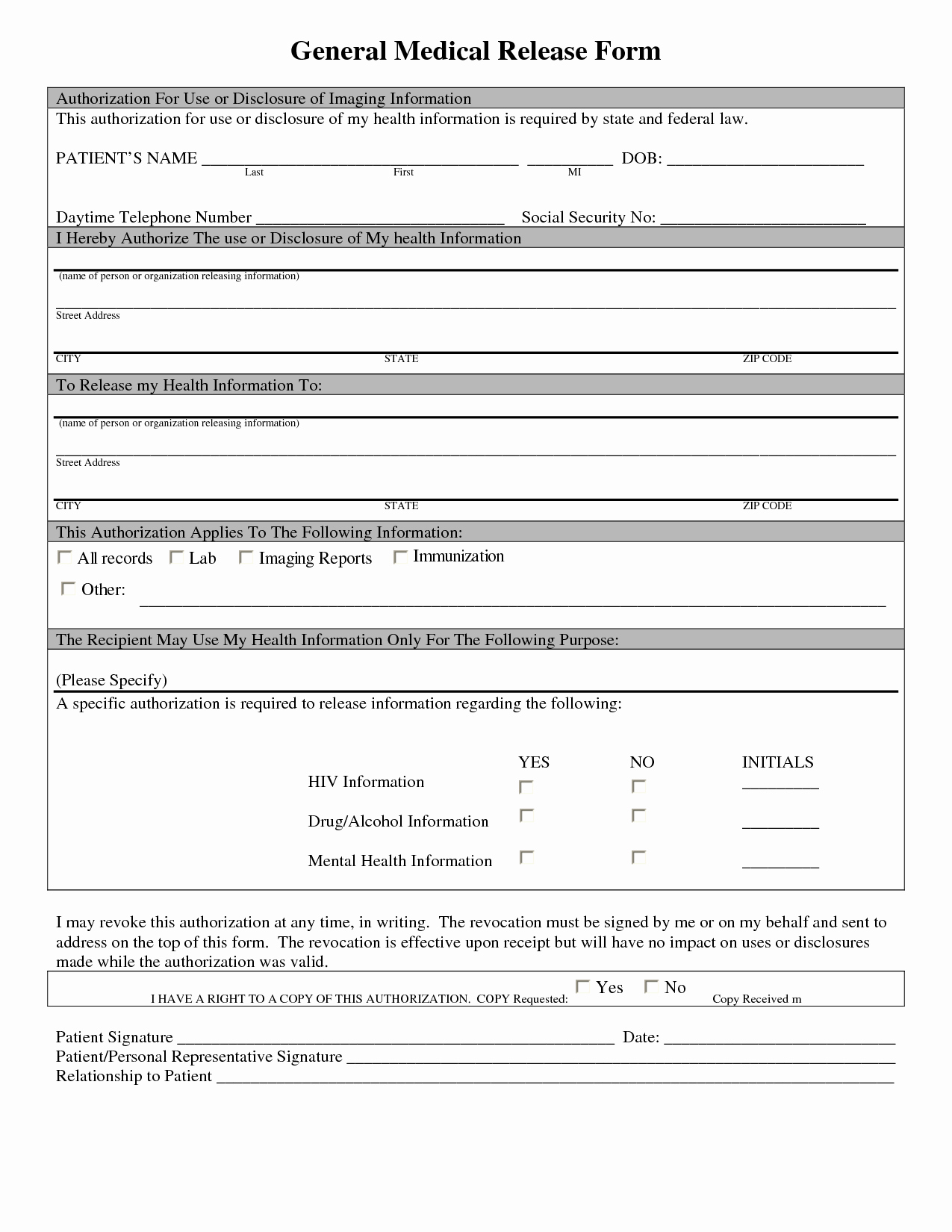 Medical Release forms Template Fresh Generic Medical Release form Medical