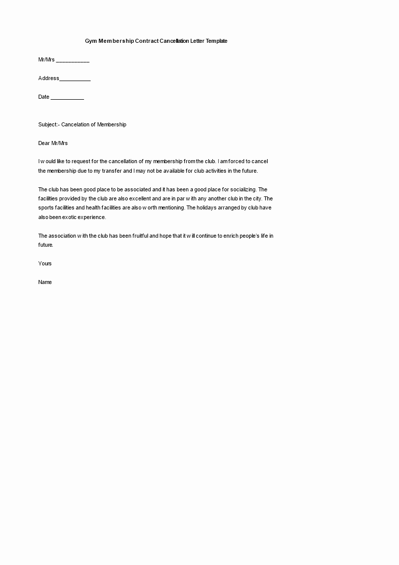 Membership Agreement Template Free Lovely Gym Membership Contract Cancellation Letter Download