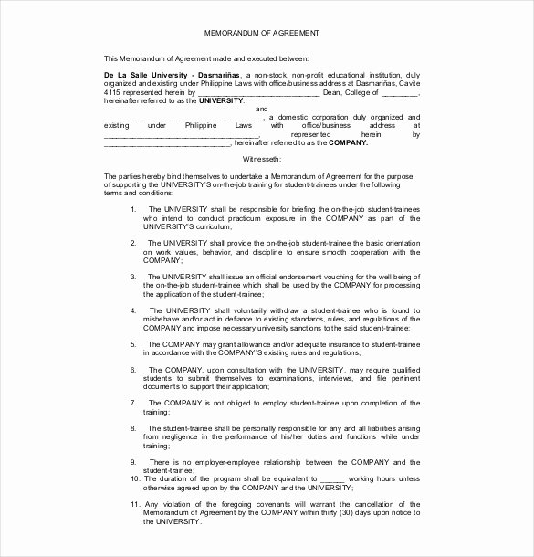 Memorandum Of Agreement Template Best Of 10 Memorandum Of Agreement Templates – Free Sample