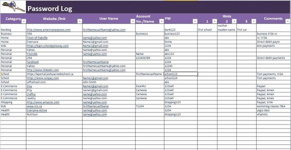 password log excel and pdf template