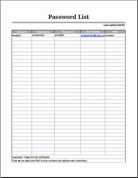 Microsoft Excel Password Template New Ms Excel Editable Printable Password List Template