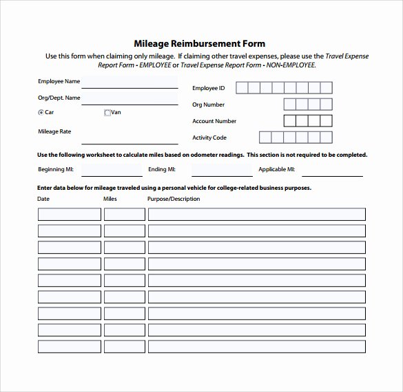 Mileage Reimbursement form Template Elegant Sample Mileage Reimbursement form 8 Download Free
